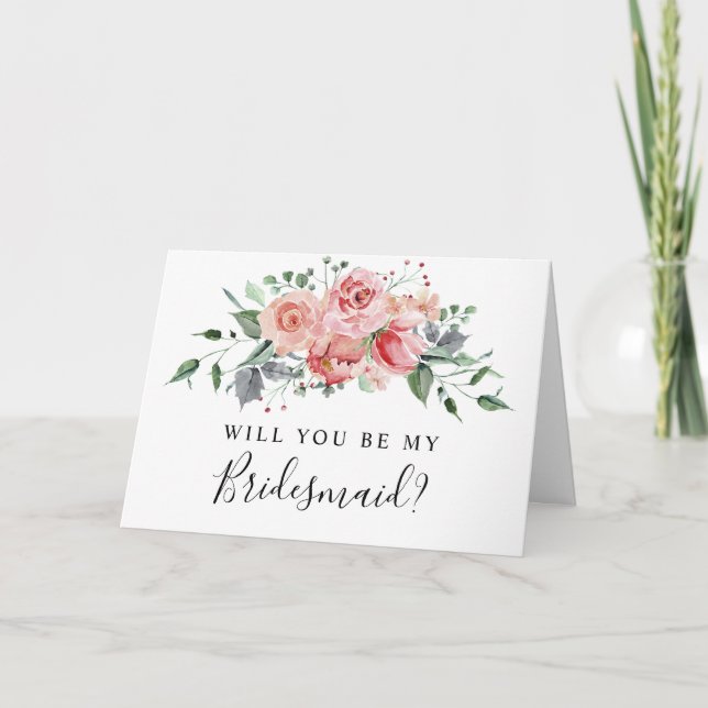 Carte Aquarelle rose rose Bridesmaid Fleurs chic (Devant)