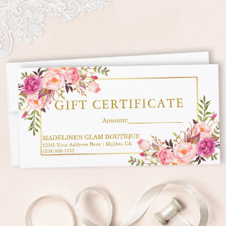 Carte Aquarelle Rose Roses Floral Gold Certificat cadeau