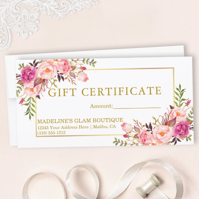Carte Aquarelle Rose Roses Floral Gold Certificat cadeau (Customize to change text size, style, color or to add text to back of certificate.)