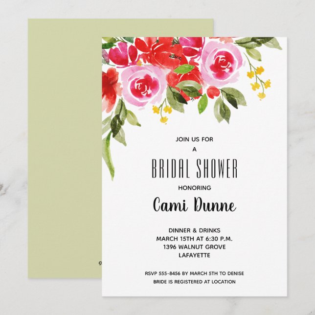 Carte Aquarelle rose rouge Fête des mariées florale Invi (Devant / Derrière)