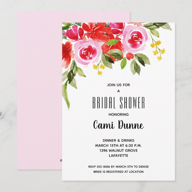 Carte Aquarelle rose rouge Fête des mariées florale Invi (Devant / Derrière)