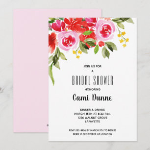 Carte Aquarelle rose rouge Fête des mariées florale Invi