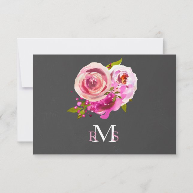 Carte Aquarelle rose Typographie florale Monogramme (Devant)