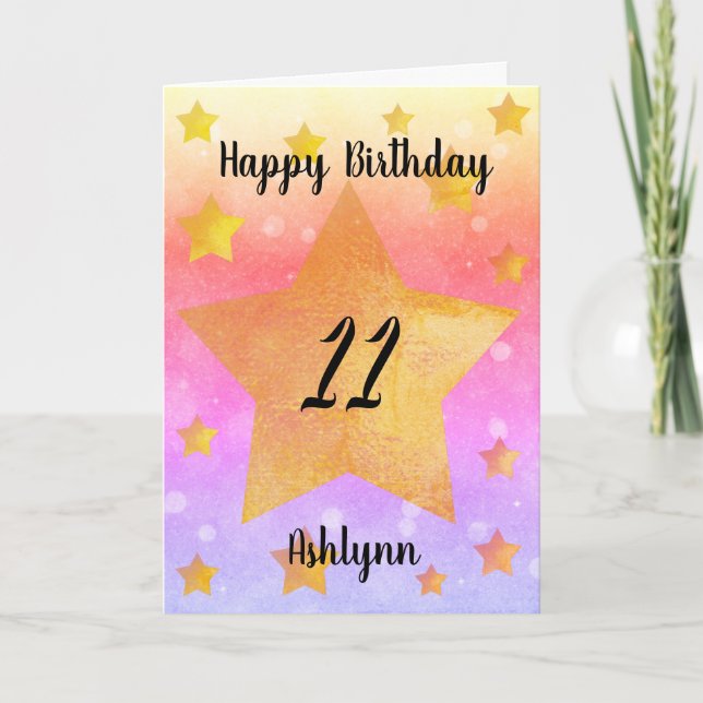 Carte Aquarelle rose violet étoiles or 11e anniversaire (Devant)