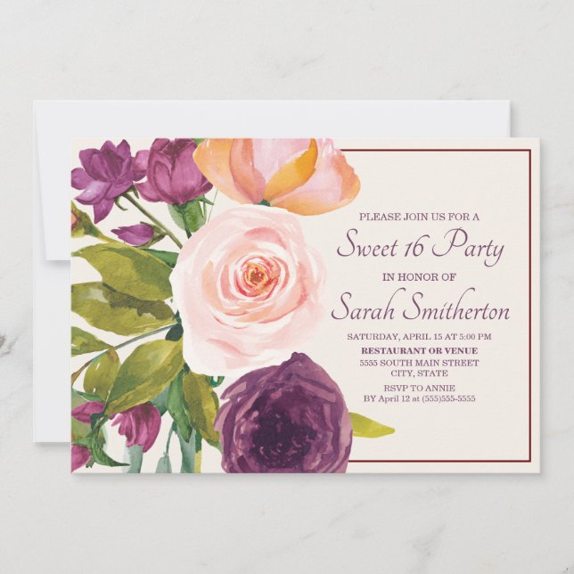 Carte Aquarelle rose violet rose crème fleurie douce 16 (Devant)