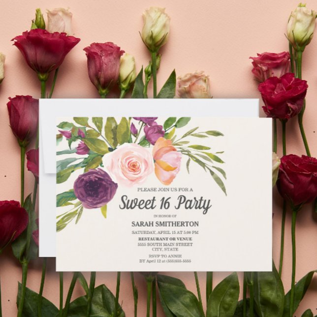 Carte Aquarelle rose violet rose-pourpre Floral Sweet 16 (Créateur téléchargé)