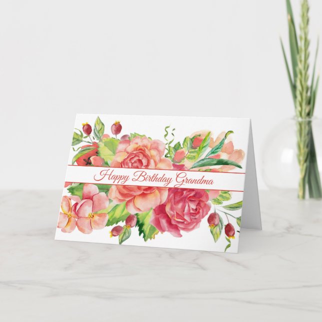 Carte Aquarelle Roses et baies Grand-mère Anniversaire (Devant)