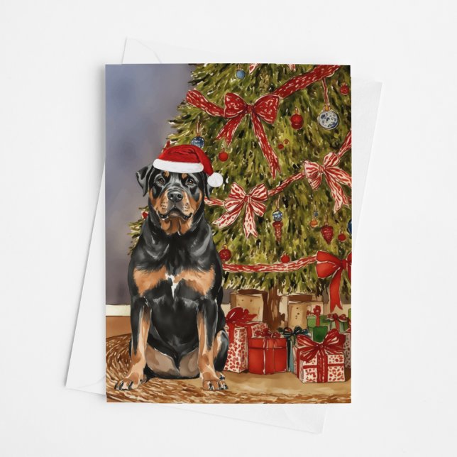 Carte Aquarelle Rottweiler sous l'arbre de Noël (Créateur téléchargé)