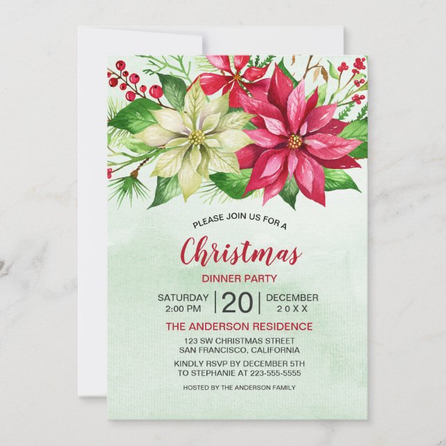 Carte Aquarelle Rouge Blanc Poinsettia Florale Noël (Devant)