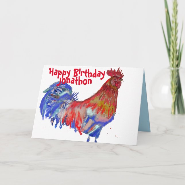Carte Aquarelle rouge et bleu de coq Nom des poulets (Devant)