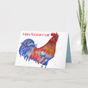 Carte Aquarelle rouge et bleu poulet rôti Noël