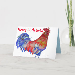 Carte Aquarelle rouge et bleu poulet rôti Noël