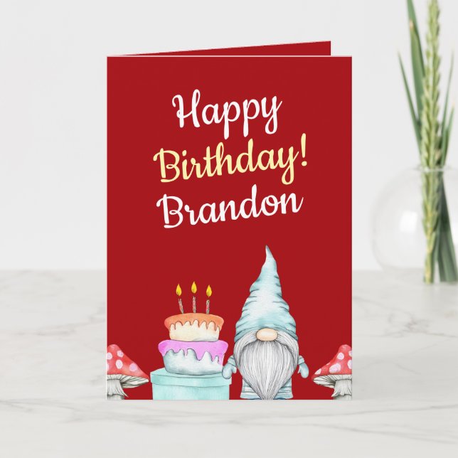 Carte Aquarelle Rouge Gnome Champignons Anniversaire (Devant)