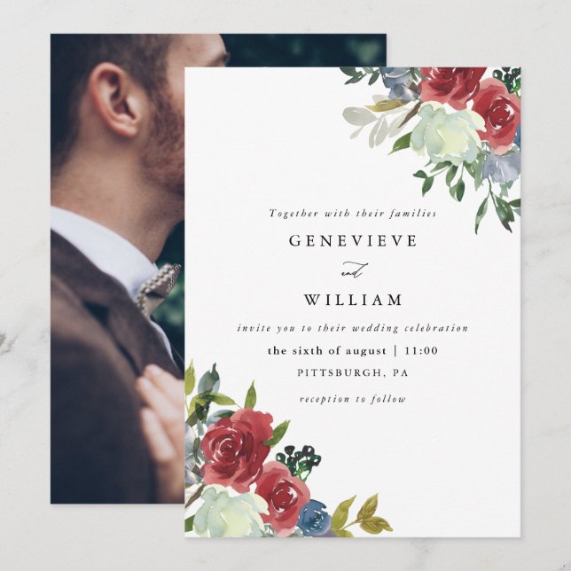 Carte Aquarelle rouge luxuriante Bouquet floral Mariage  (Devant / Derrière)
