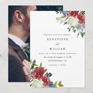 Carte Aquarelle rouge luxuriante Bouquet floral Mariage 