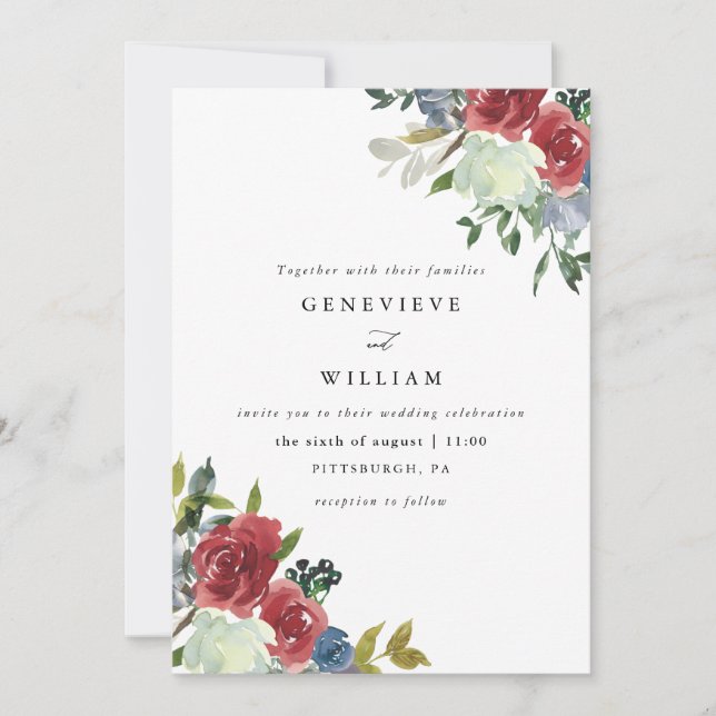 Carte Aquarelle rouge luxuriante Bouquet Mariage (Devant)