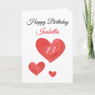 Carte Aquarelle rouge mignonne Coeur 13e anniversaire