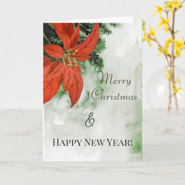 Carte Aquarelle Rouge Poinsettia Joyeux Noël (Fleur jaune)