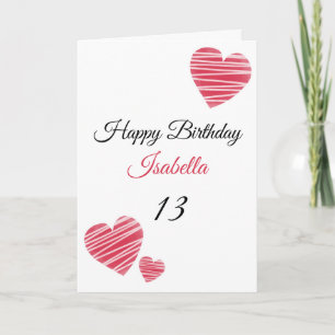 Carte Aquarelle rouge rayée Coeurs 13e anniversaire
