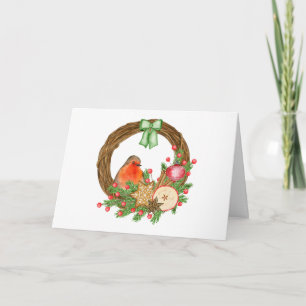 Carte Aquarelle rouge Robin et couronne rustique de Noël