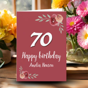 Carte Aquarelle rouge Rose Floral 70e anniversaire