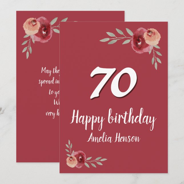 Carte Aquarelle rouge Rose Floral 70e anniversaire (Devant / Derrière)