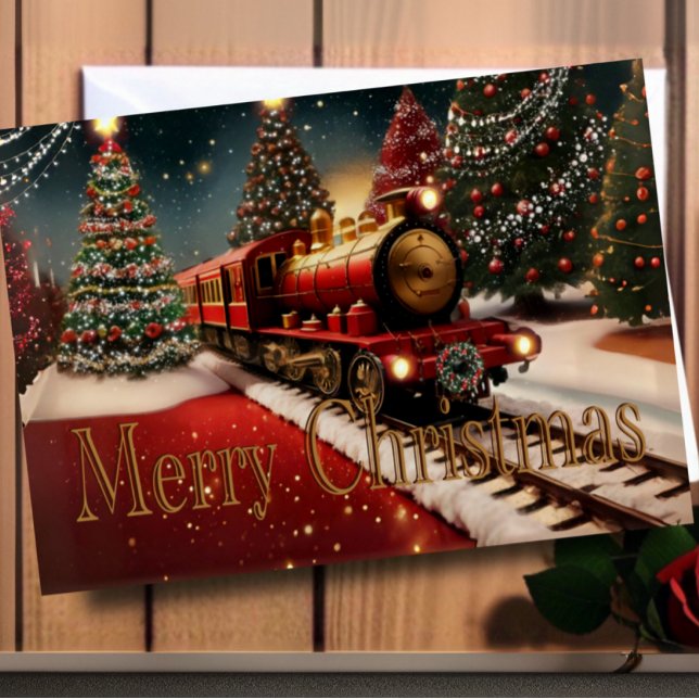 Carte Aquarelle Rouge Train de Noël Vacance photo (Créateur téléchargé)