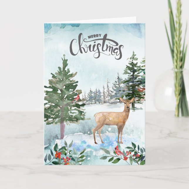 Carte Aquarelle rustique Bois Noël aux cerfs (Devant)