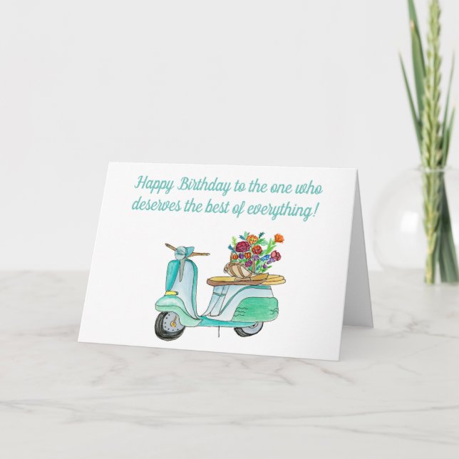 Carte Aquarelle Scooter Anniversaire Avec Panier De Fleu (Devant)