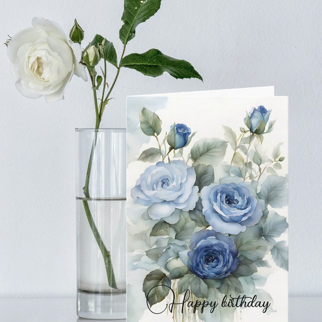 Carte Aquarelle sophistiquée Bleu Roses Joyeux anniversa (Créateur téléchargé)