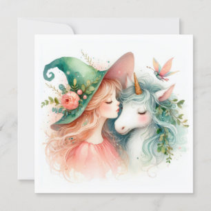 Carte Aquarelle Sorcière Unicorne Imaginaire Art Magique