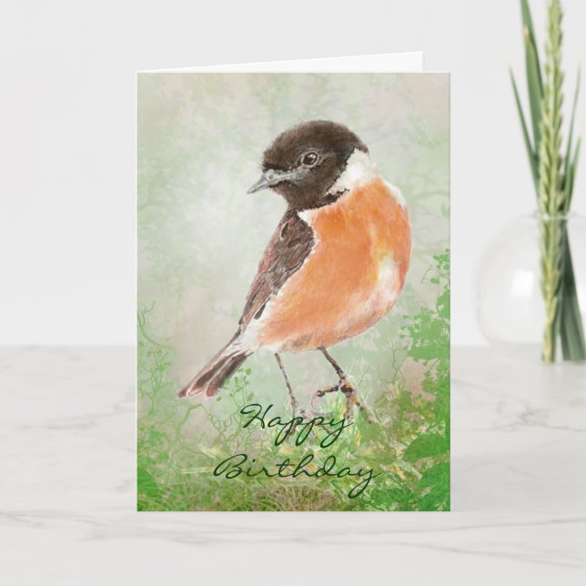 Carte Aquarelle Stonechat Joyeux Anniversaire, Bird (Devant)