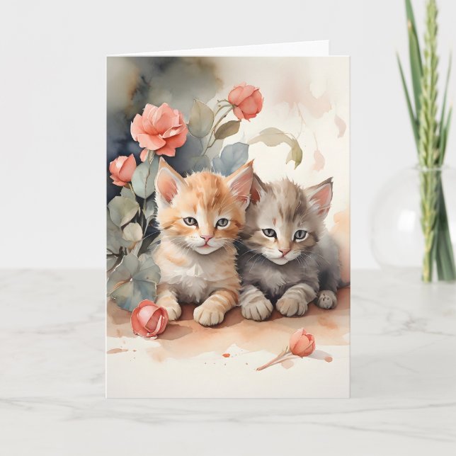 Carte Aquarelle Tabby Chatons Fleurs de Nourrissement Bl (Devant)