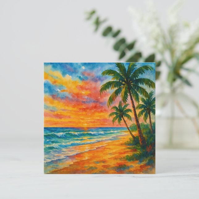 Carte Aquarelle Tropical Beach Sunset (Debout devant)