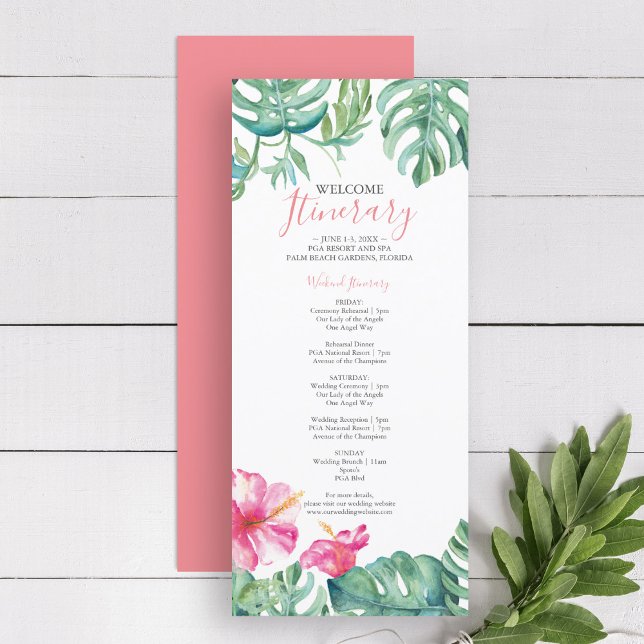 Carte Aquarelle Tropical Floral Itinéraire Mariage (tropical beach wedding welcome itinerary features watercolor palm leaves and pink hibiscus flowers)