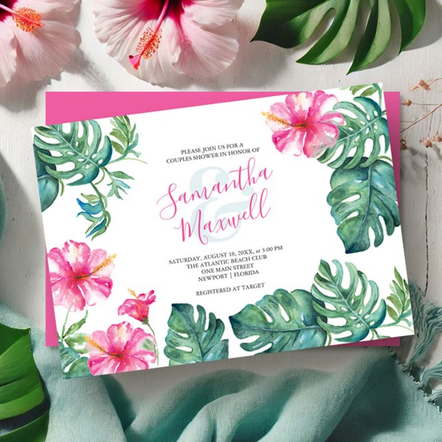 Carte Aquarelle tropicale Hibiscus Fleur Couples Douche (Bright wedding invitations watercolor pink hibiscus flowers and palm leaves by Victoria Grigaliunas)