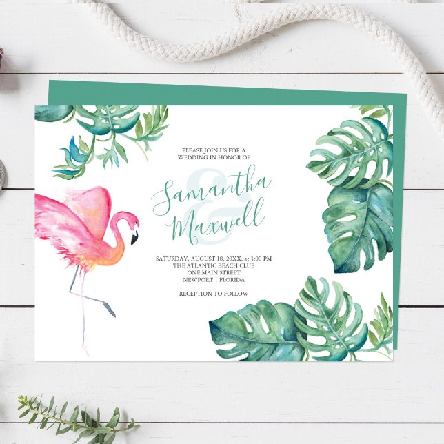 Carte Aquarelle tropicale Mariage de verdure (Florida destination wedding invitations watercolor pink flamingo & palm leaf Victoria  Grigaliunas)