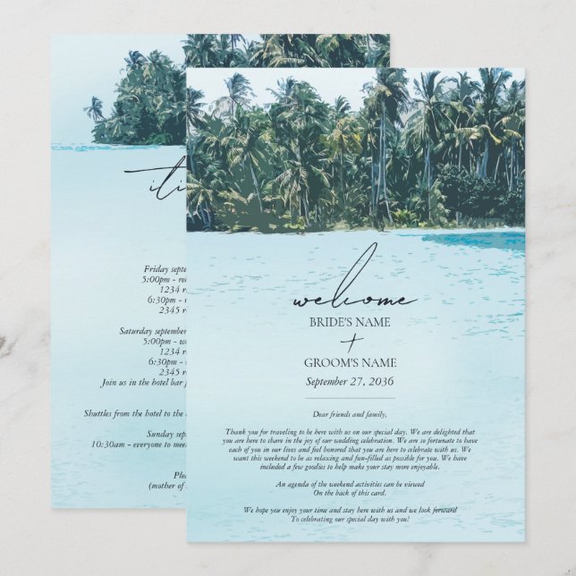 Carte Aquarelle tropicale Palms Beach Mariage Itinéraire (Devant / Derrière)