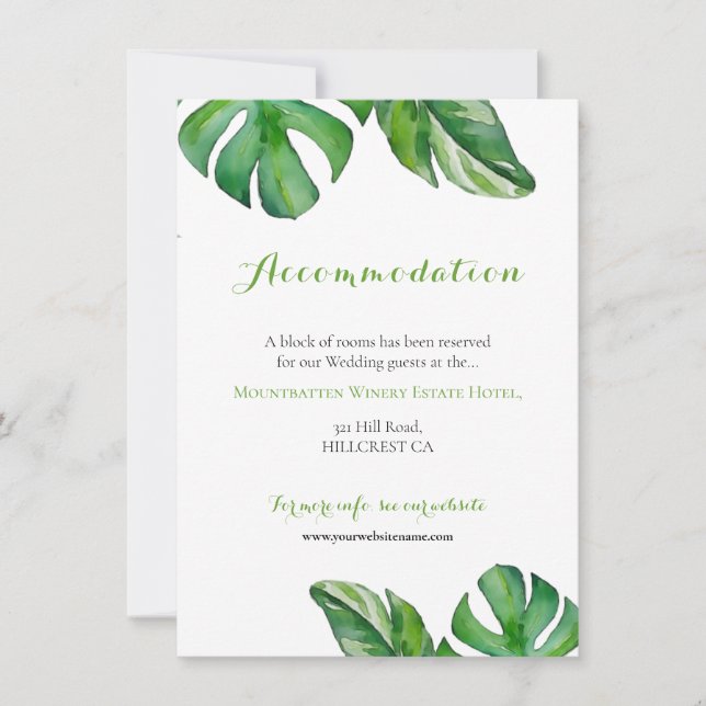 Carte Aquarelle tropicale Vert Monstera Feuille Mariage (Devant)