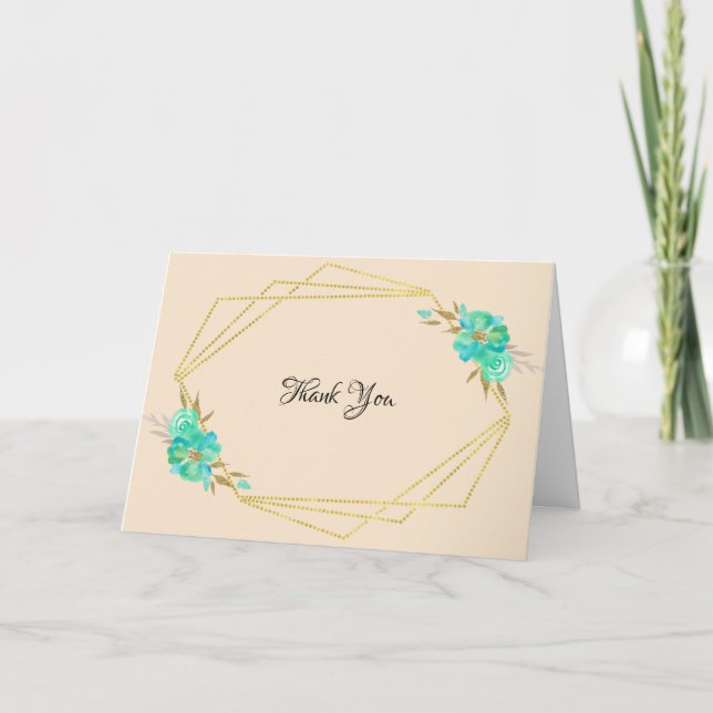 Carte Aquarelle turquoise or Floral Tan géométrique (Devant)