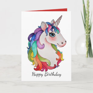Carte Aquarelle Unicorne avec cheveux arc-en-ciel