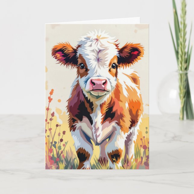 Carte Aquarelle Vache d'anniversaire portant un Casquett (Devant)