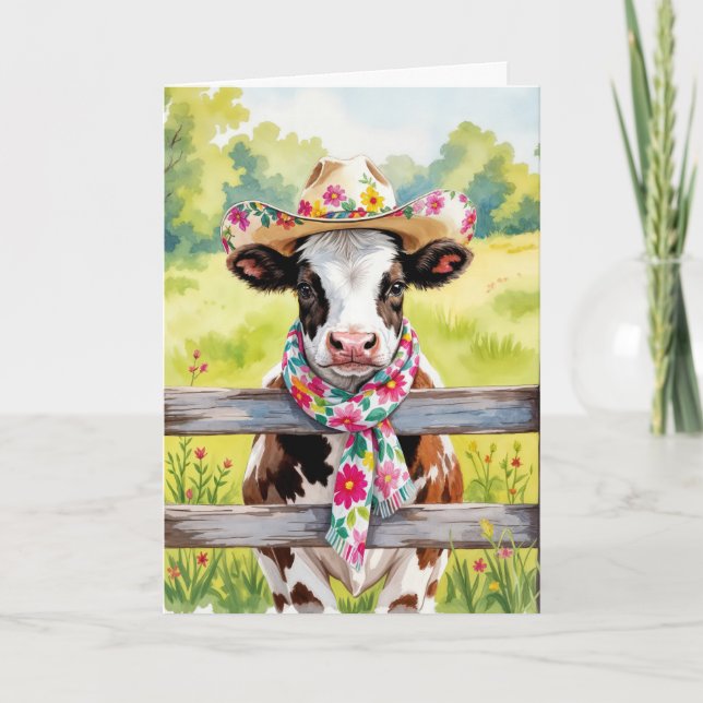 Carte Aquarelle Vache d'anniversaire portant un Casquett (Devant)