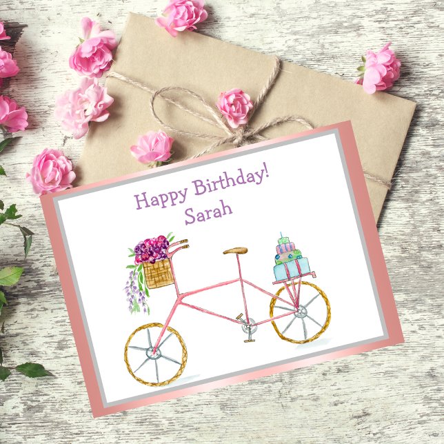 Carte Aquarelle Vélo Anniversaire Avec Fleurs & Gâteau (Whimsical delight: Bicycle, flowers, cake. Perfect for sending birthday cheer!)