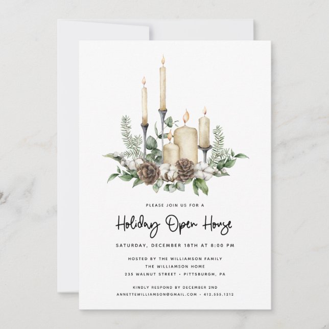 Carte Aquarelle Verdure et bougies Holiday Open House (Devant)