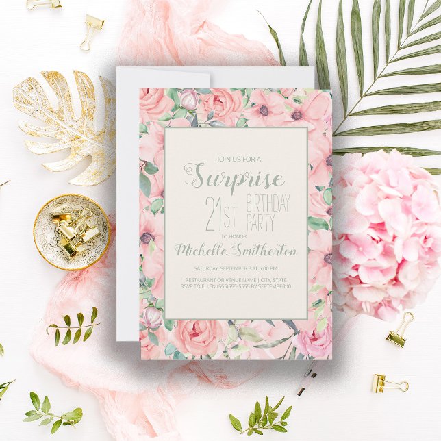 Carte Aquarelle verte de Monnaie rose Floral 21e anniver (Soft blush pink floral 21st birthday party invitation)