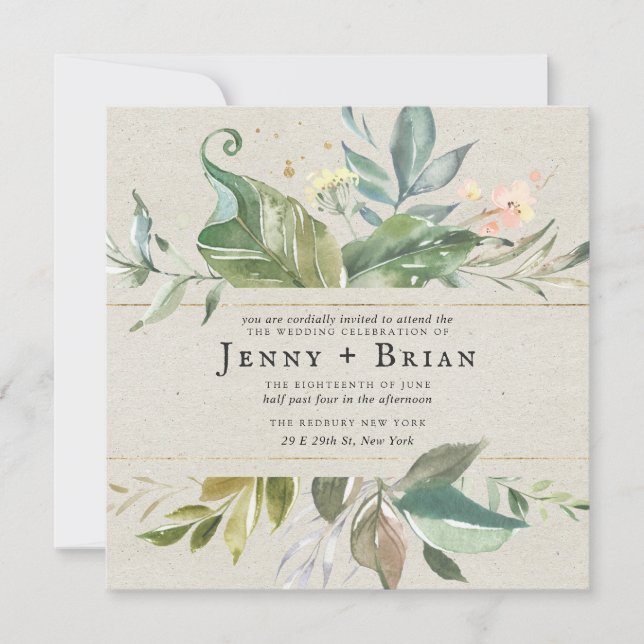 Carte Aquarelle verte | Mariage Carré rose (Devant)