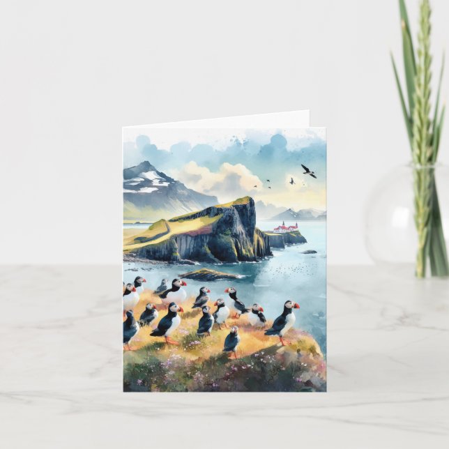 Carte Aquarelle Vik Islande Puffins (Devant)