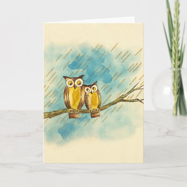 Carte Aquarelle vintage Chouette aimante Couple (Devant)
