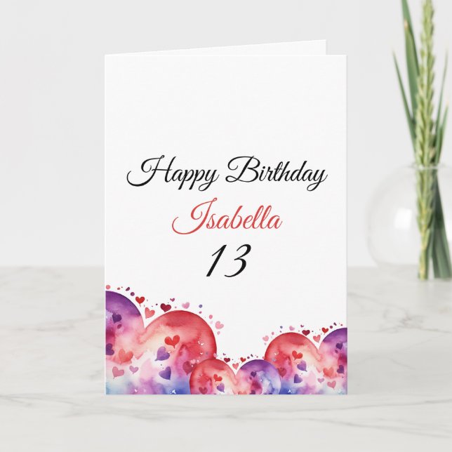 Carte Aquarelle violet élégant Coeur 13e anniversaire (Devant)